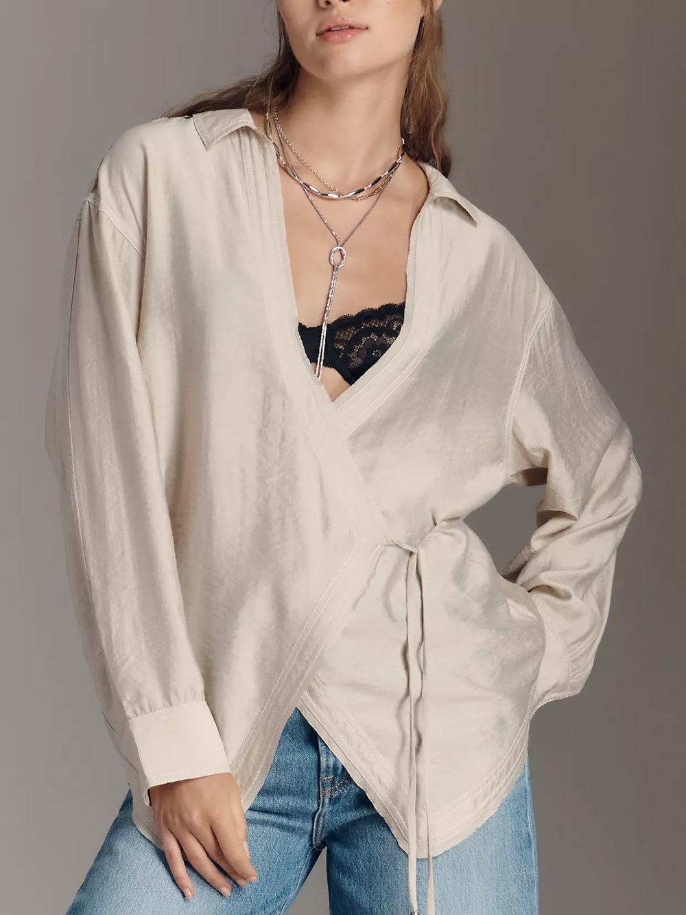 Anthropologie Wrapped V-Neck Blouse Small NWOT Collared Shirt Neutral